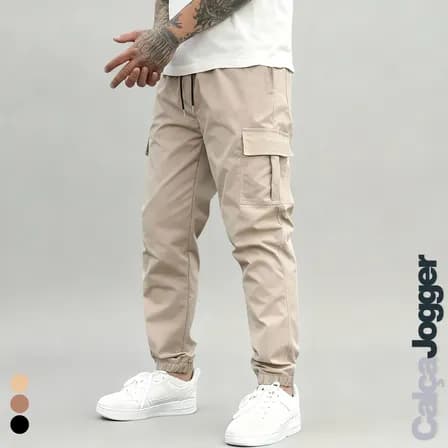 Foto de Calça Jogger Cargo Masculina Sarja Calca Streetwear Punho