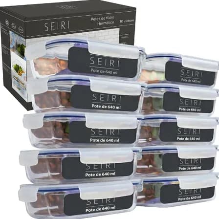 Foto de Kit 10 Pote De Vidro Marmita Hermético 640ml Freezer Fitness Borossilicato 4 Travas Micro-ondas Azul-Escuro