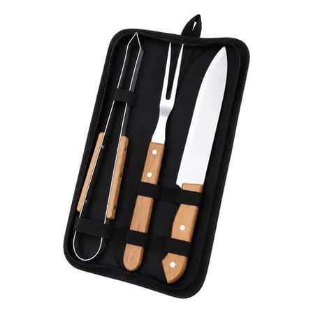 Foto de Kit Churrasco 3 Peças Inox Com Estojo Faca Garfo Pegador