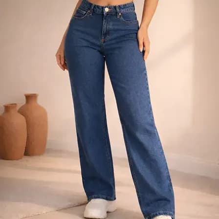 Foto de Calça Jeans Feminina Wide Leg Cintura Alta Pantalona