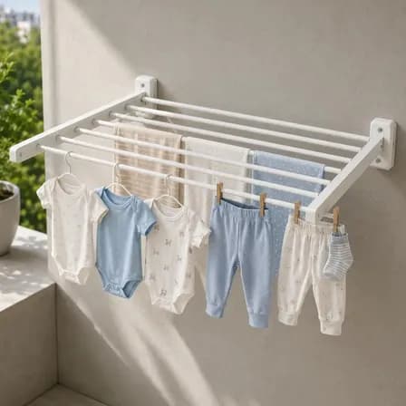 Foto de Varal de Parede Retrátil para Roupas Úmidas em Aço Carbono Branco