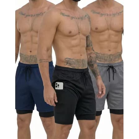 Foto de Kit 3 Shorts 2 Em 1 Duplo Bolso Para Academia Treino Corrida Preto/azul/cinza G
