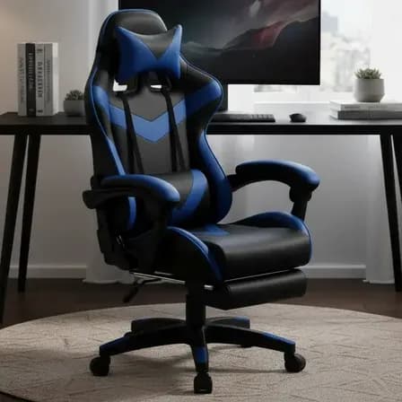 Foto de Cadeira De Escritório Gamer Nitro Ergonômica Estofado Couro Sintético Reclinável Altura Ajustável Apoio Para Pés Cor Azul Luvinco