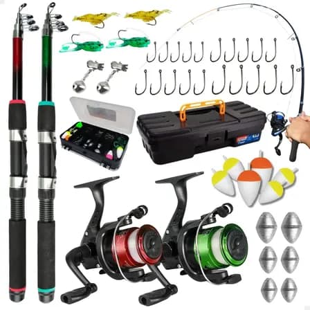 Foto de Pescamping Kit Pesca Completo 2 Varas Fibra De Vidro E 2 Molinetes Leve Com Linha Estojo E Maleta Com Acessórios - Tralha de Pescaria