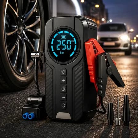Foto de Auxiliar De Partida Com Compressor De Ar 150 Psi Calibrador Digital De Pneu 12V 4 Em 1 Recarregável Bivolt Inflador Mangueira Para Carro Caminhonete SUV Pickup Emergência Automotiv