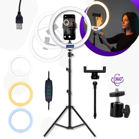 Foto de Ring Light 10 Polegadas Com Tripé 2,10m Profissional Video Maker Suporte Celular E Led 3 Cores Iluminação Maquiagem E Gravações Luxside