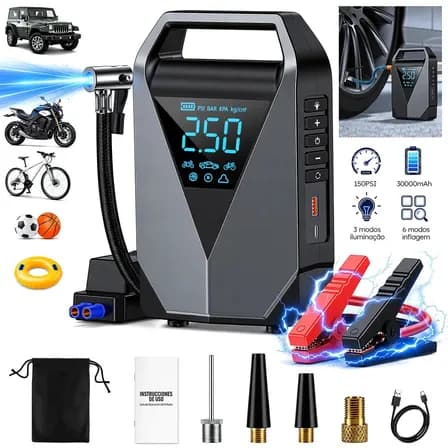 Foto de aweshine Compressor de Ar Portátil 150PSI Automotivo com Auxiliar Partida Portátil,6 Modos Inflagem, Power Bank, Tela Digital Grande, Lanterna Emergência 3 Modos Compatível Carro M