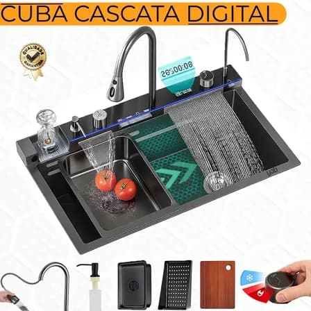 Foto de Cuba Gourmet Cascatas de Aço Inox Preto Yab, 75x46 cm, Com Torneira Monocomando e Acessórios