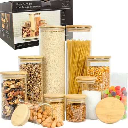Foto de Kit 10 Potes Herméticos Vidro Tampa Bambu Seiri Para Mantimentos Cozinha