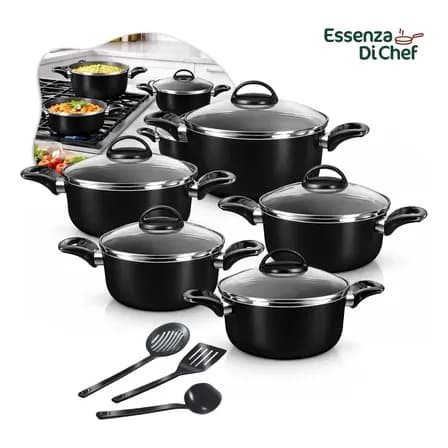 Foto de Conjunto De Panelas Caçarolas 5 Peças Antiaderente Com 3 Utensilios E Tampa De Vidro Preto