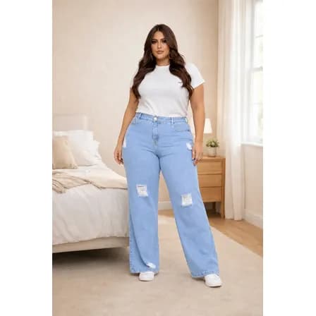 Foto de Calça Plus Size Jeans Feminina Wide Leg Levanta Bumbum