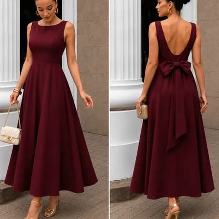 Foto de Vestido Longo Feminino Decote Canoa E Laço Alfaiataria Luxo Vinho Liso M