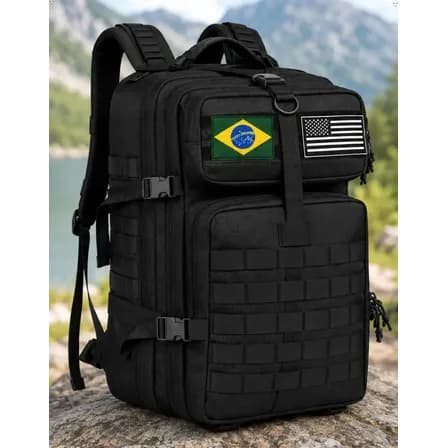 Foto de Mochila Tática 50l Masculina Militar Impermeável Reforçada Grande Para Viagem Camping Caça Pesca Com 2 Patch Bandeira Brasil Eua Cor Preta Forpak