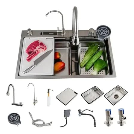 Foto de Cuba Cascata Premium Completa Com Acessórios Torneira Monocomando E Lavador De Copos Cozinha Gourmet Aço Inox 304 Cor Prata Widna
