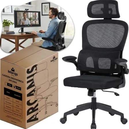 Foto de Cadeira Escritório Presidente Ergonômica NR17 Marqs Home Arcanis Preta com Apoio Lombar e Encosto Mesh Premium