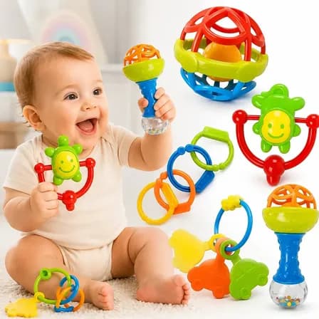 Foto de Kit Chocalho Bebe E Mordedores Para Recem Nascido 8 Peças Estímulo Sensorial Brinquedo Educativo