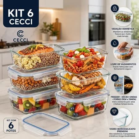 Foto de Kit 6 Potes Herméticos De Vidro 640ml Para Marmita, Freezer E Organização Da Cozinha, Com Tampa Para Armazenar Alimentos, Refeições, Cereais, Grãos E Mantimentos No Dia A Dia Em Ca