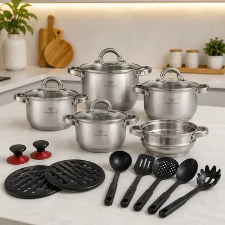 Foto de Jogo Panelas Inox 19 Peças Genebra Completo C/ Utensílios Prateado