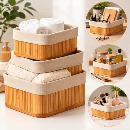 Foto de Kit 3 Cestos Organizadores de Bambu Retangulares com Forro Lavável Multiuso Organizar Casa Banheiro Cozinha Guarda-Roupa Lavanderia Armazenamento de Objetos - Nany Pink