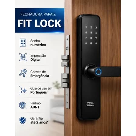 Foto de Fechadura Eletrônica Papaiz Fit Lock Preta | Senha Biometria Digital Chave