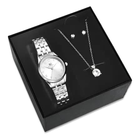 Foto de Kit Relógio Colar E Brincos Ponto De Luz Feminino Luxo Silver Saint Germain Presente Original Joias Prata Elegante Clássico 28mm