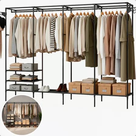 Foto de Guarda Roupa Cabideiro Organizador Closet Aberto Desmontavel Arara Divisórias 10 Prateleiras Aço Resistente Preto Irsina