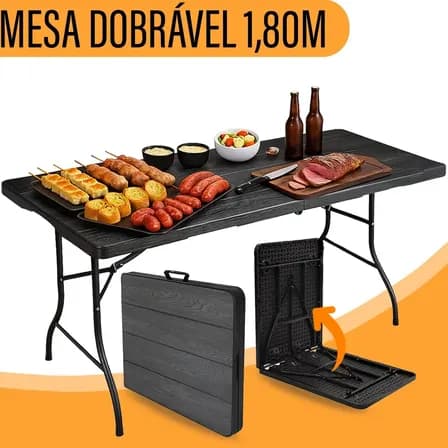 Foto de Mesa Dobrável Yab Preta Madeirada 1,80m x 70cm para Festas e Eventos