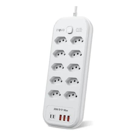 Foto de Filtro De Linha Régua Extensão 10 Tomadas Com 3 Usb E 2 Pd Branco 127/220v