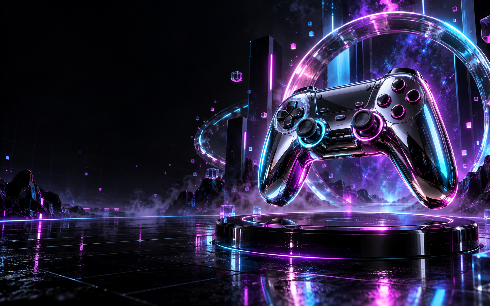 Controle gamer cromado iluminado por luzes neon azul e rosa